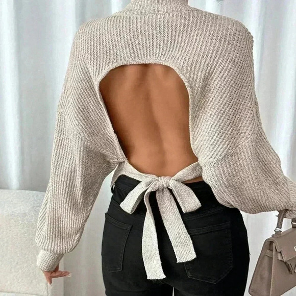 Apricot Sexy Women's Backless High-Neck Sweater With Knotted Tie - Picture 2 of 6